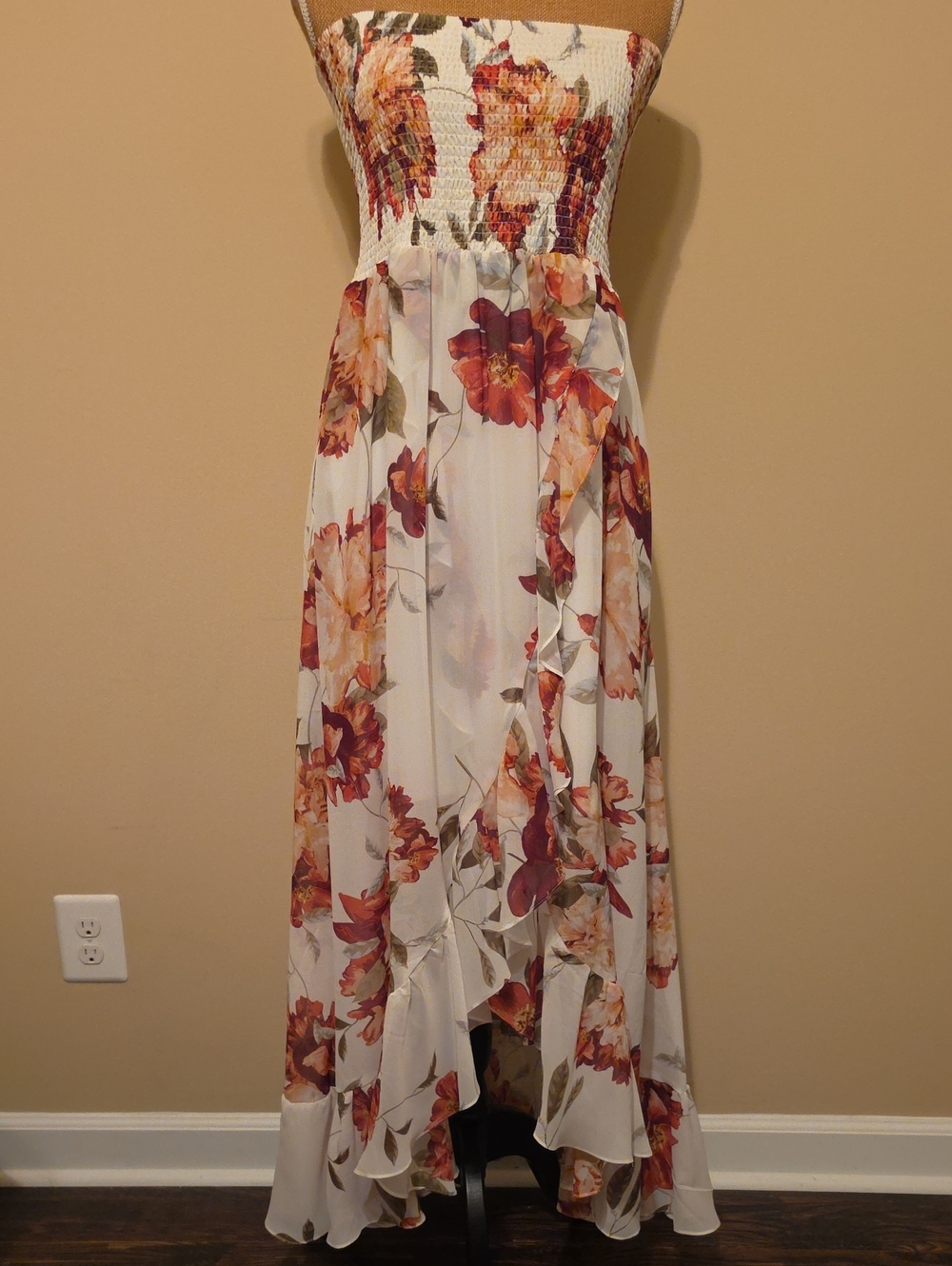 VENUS Strapless Floral Maxi Dress in Cream with Rust Floral Print